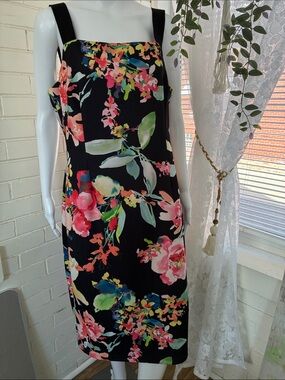 Adrianna Papell Black Floral Square-Neck Midi Dress with Pink & Green Accents